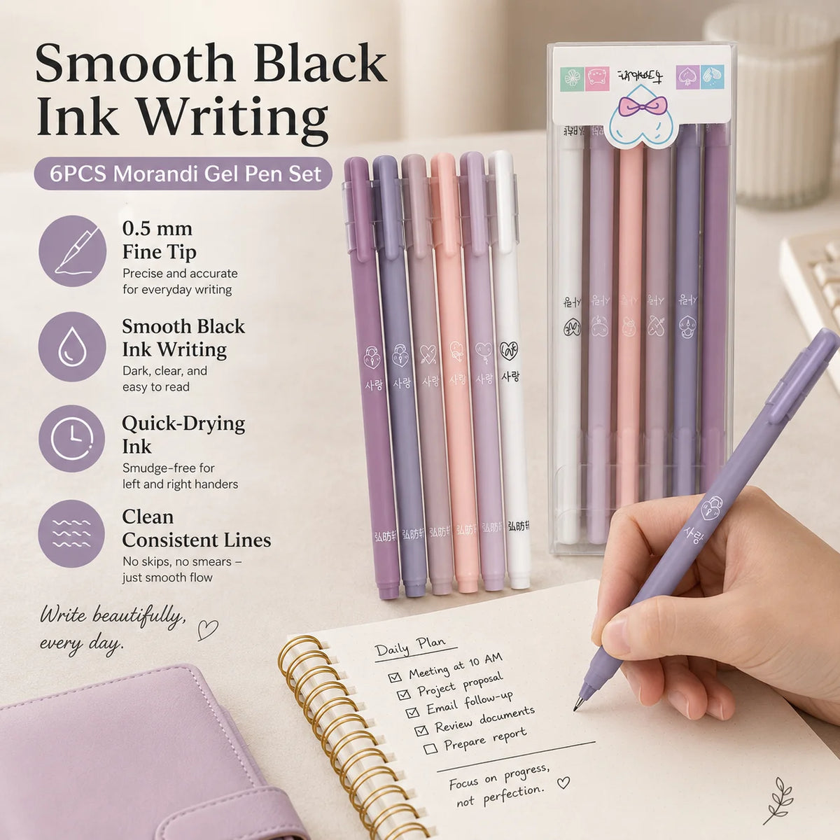 Morandi Retractable Gel Pens 6-Pack | 0.5mm Fine Black Ink Retractable Gel Pens Richie's
