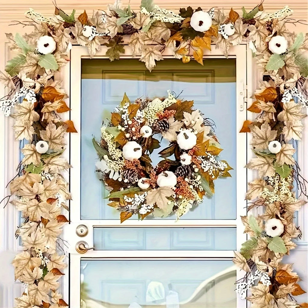 Autumn Maple Leaf & Pumpkin Wreath – Fall Holiday Wall Decor Seasonal Decorative Wreath Richie's