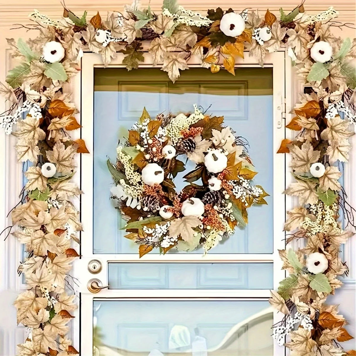 Autumn Maple Leaf & Pumpkin Wreath – Fall Holiday Wall Decor Seasonal Decorative Wreath Richie's