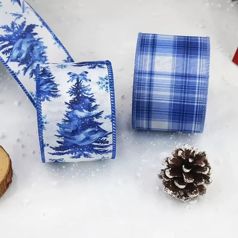 Christmas Wired Ribbon Blue White Stripe Snow Tree Pattern Christmas Craft Ribbon Richie's