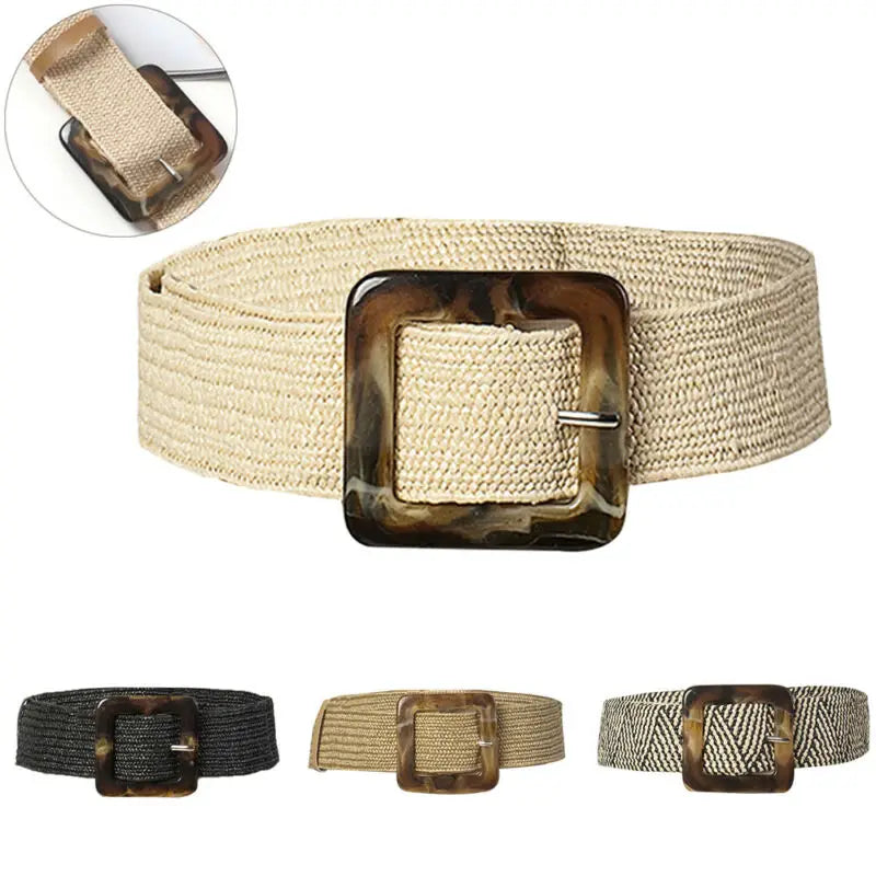 Women's Wide Woven Straw Belt – Elastic Carved Wood Buckle Wide Fashion Belt Richie's