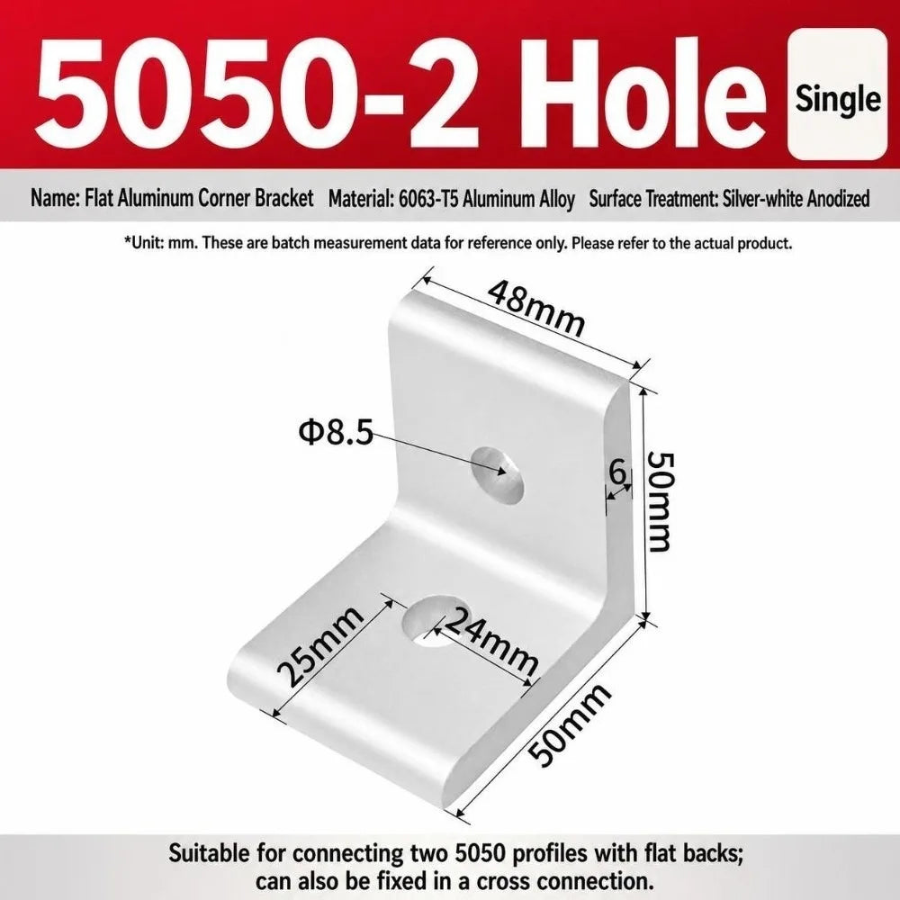 90° Aluminum Angle Bracket Flat Right Angle Frame Joint Connector Aluminum Angle Bracket Richie's 5050-2Hole Silver