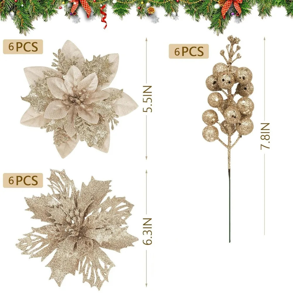 3-Layer Glitter Artificial Christmas Flower Bouquet Set Christmas Flower Bouquet Richie's Gold