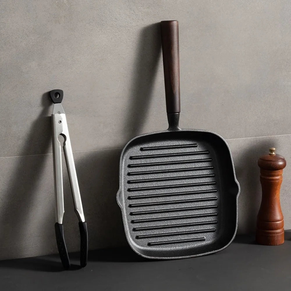 Cast Iron Steak Skillet Wooden Handle Raised Stripe 20cm Pan Cast Iron Skillet Richie's