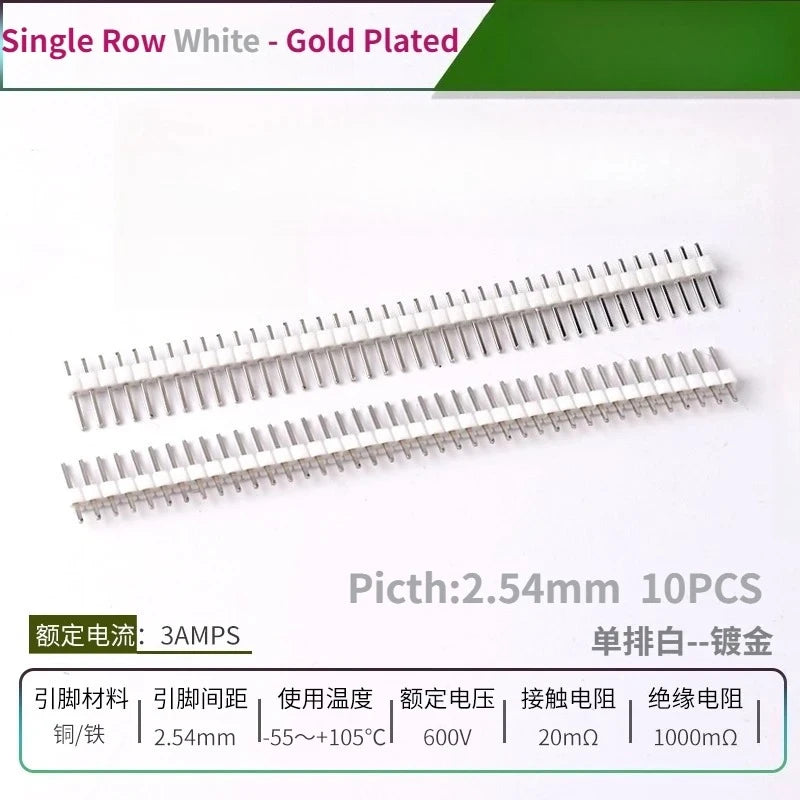 10PCS Color Gilded Pin Headers 2.54mm Single & Double Row Set PCB Pin Headers Richie's White Gold 10PCS