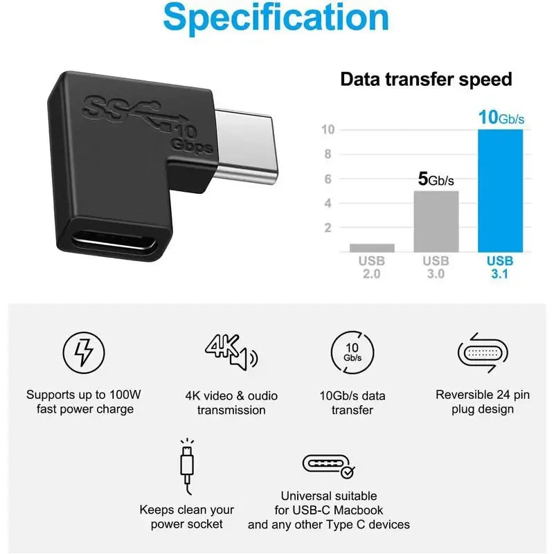 90° USB-C Female to Female Adapter | 10Gbps Fast Charging USB-C Adapter Richie's