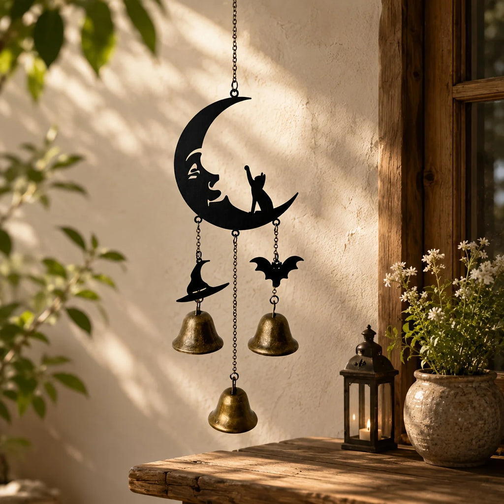 Gothic Moon Cat Metal Wind Chime – Halloween Bat & Witch Hat Décor Gothic Wind Chime Richie's