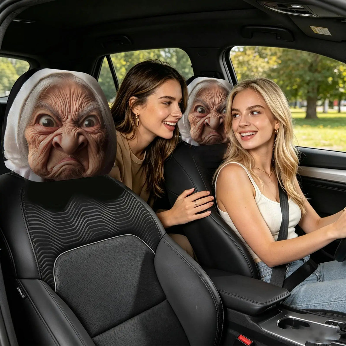Funny Granny Face Car Headrest Covers – 2Pcs Elastic Washable Car Headrest Cover Richie's