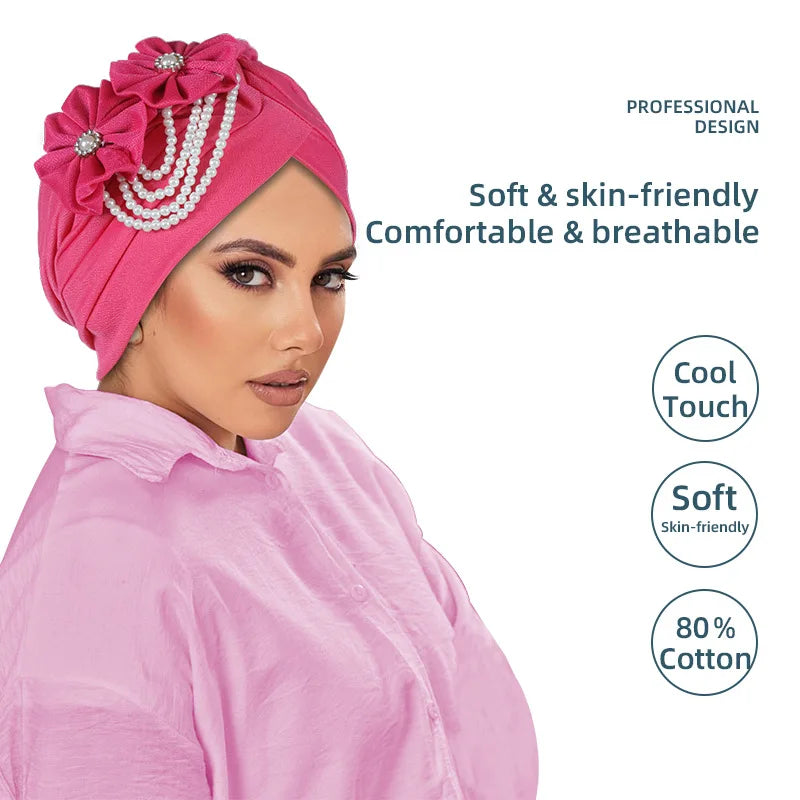 Pearl Beaded Turban Cap Women – Floral Chiffon Head Wrap Turban Head Wrap Richie's