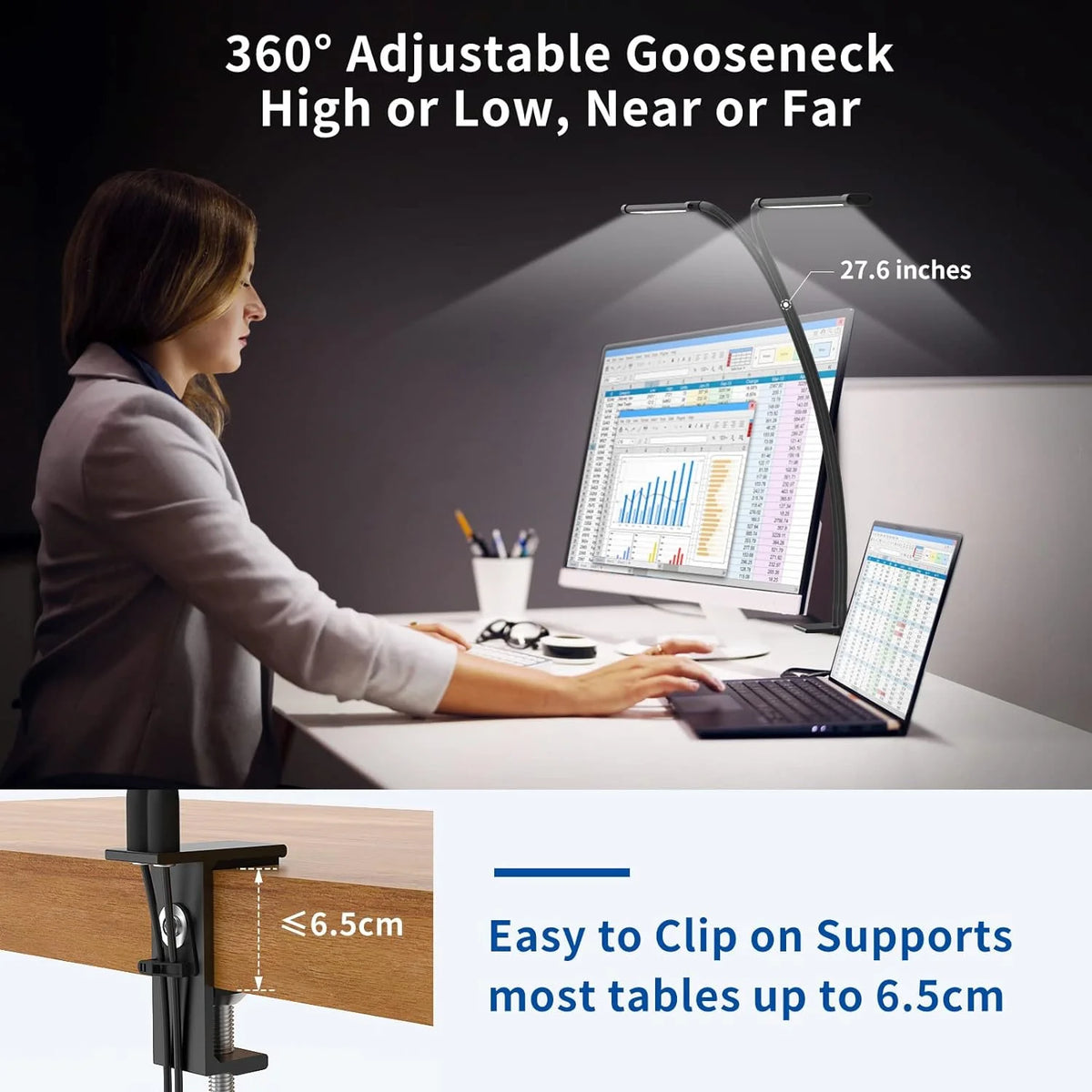 KEBINCPLED USB Clamp Desk Lamp Dimmable Rotatable LED Light Clamp Desk Lamp Richie's