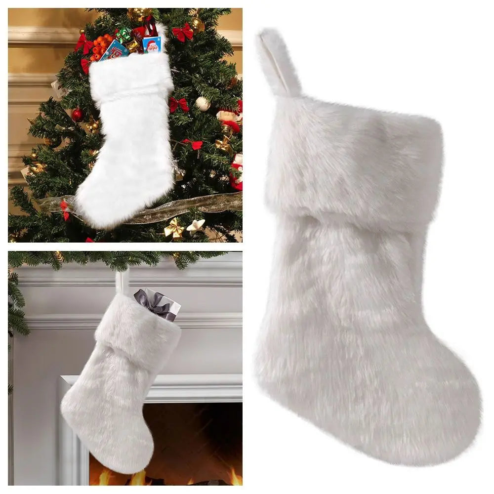 White Furry Christmas Stocking Plush Gift Bag Xmas Decoration Christmas Stocking Richie's