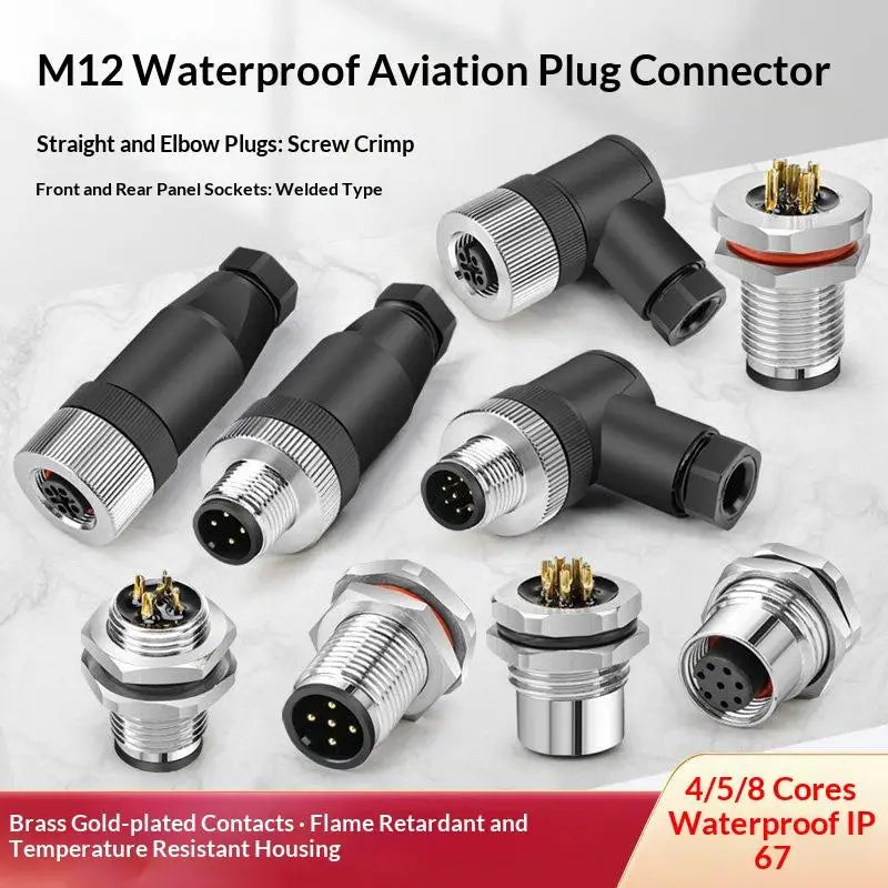 M12 IP67 Waterproof Connector 4/5/8 Pin Panel Socket 22AWG Wire Industrial Connector Richie's
