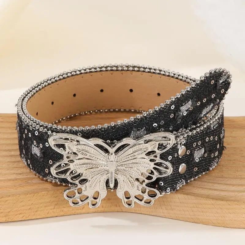Retro Sequin Punk Waist Belt – Wide Denim & Alloy Buckle Fashion Waist Belt Richie's A1