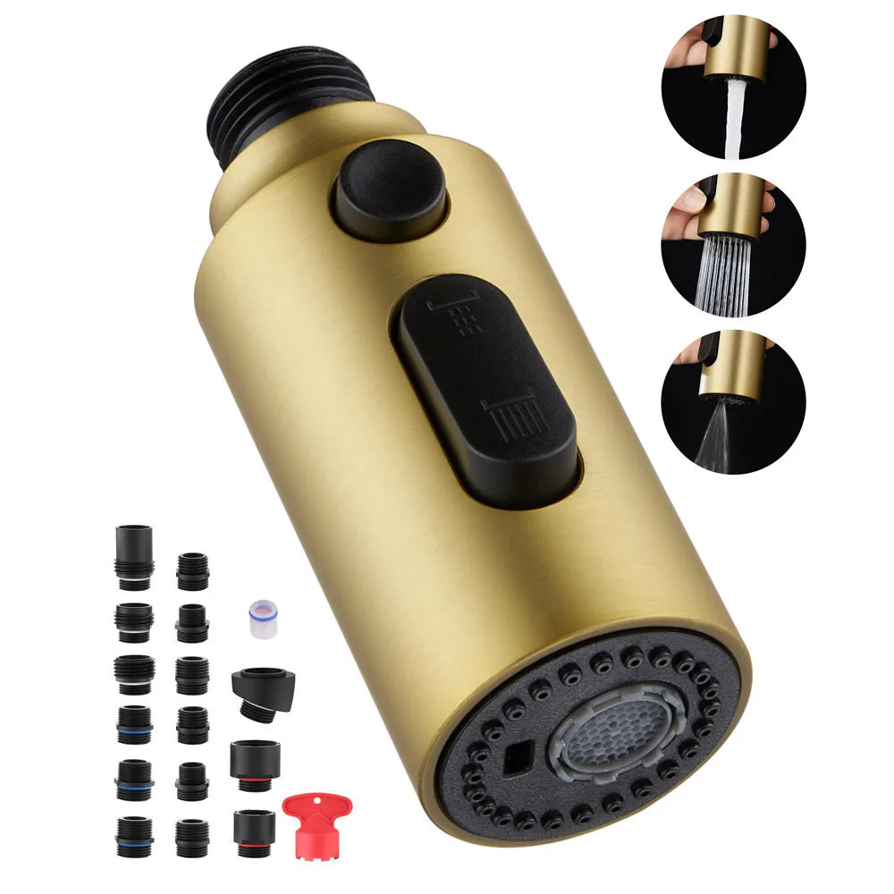 3-Mode Pull-Out Faucet Replacement Nozzle | High Pressure Faucet Spray Nozzle Richie's Brushed gold