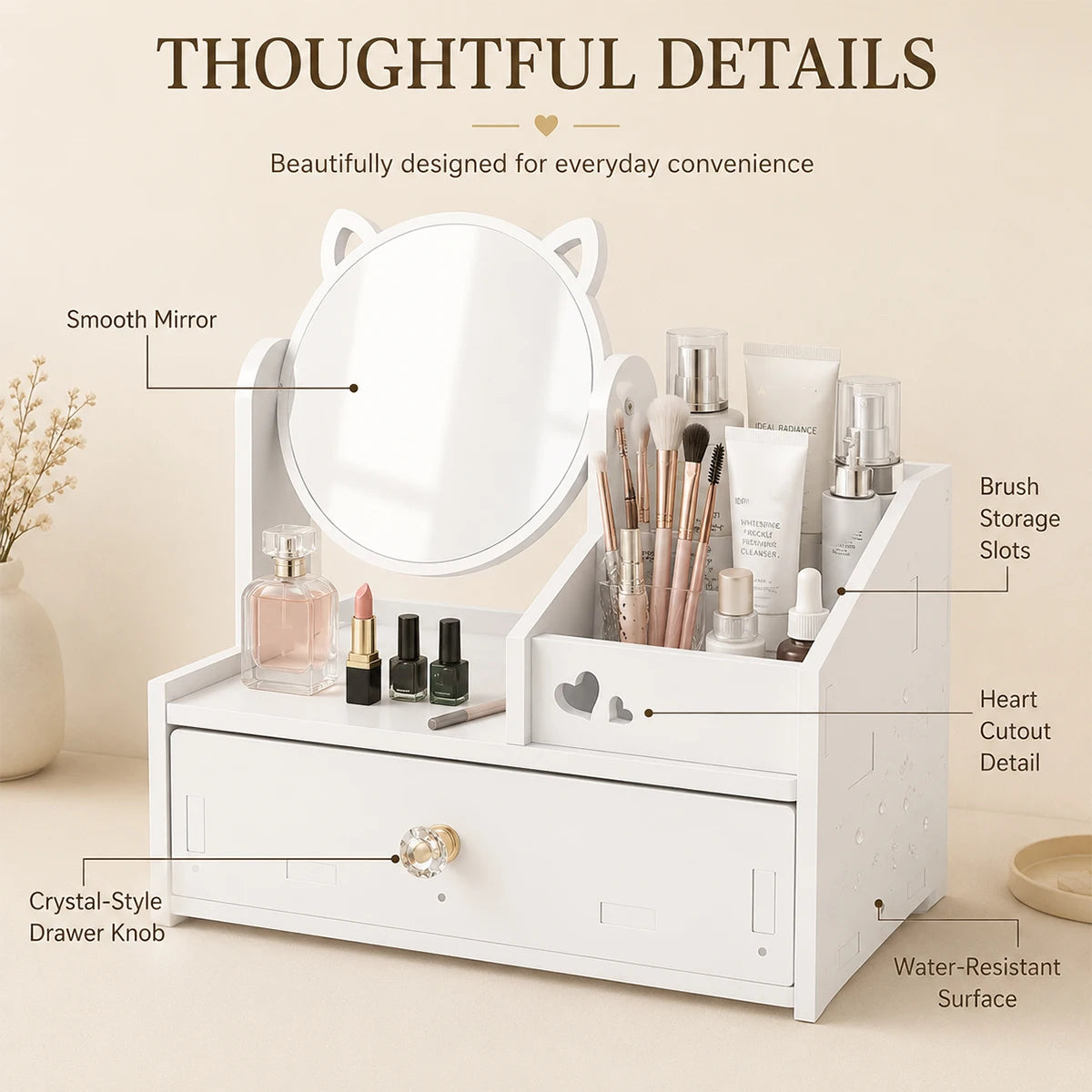 White Cat Makeup Organizer with Swivel Mirror & Drawer Makeup Storage Organizer Richie's