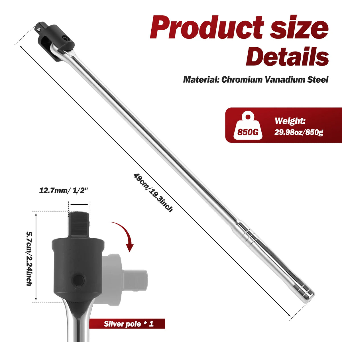 1/2" Drive Breaker Bar 19.3" Chrome Vanadium 240° Swivel Head Breaker Bar Wrench Richie's