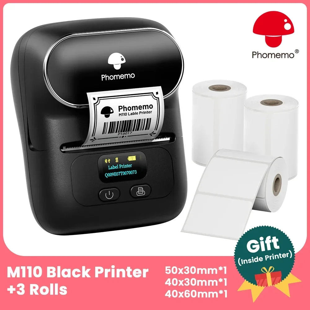 Phomemo M110 Bluetooth Thermal Label Maker | Portable Mini Printer Thermal Label Printer Richie's BK-3 rolls