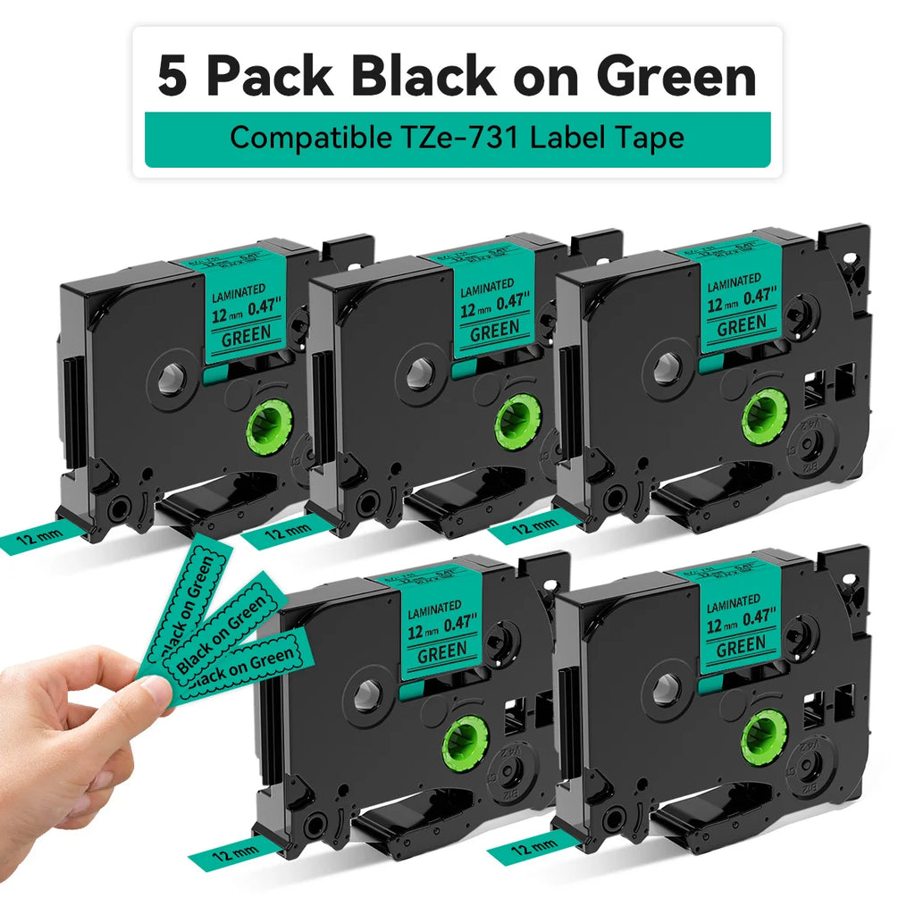 5-Pack TZe-231 Laminated Label Tape – Brother P-Touch Compatible Label Printer Tape Richie's 5PK Black on Green 9mm