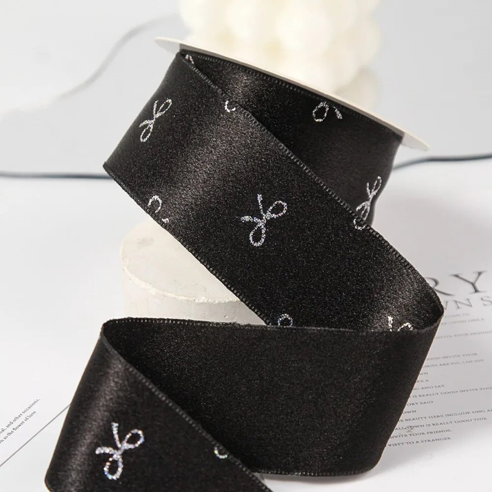 Silver Foil Bow Print Ribbon 40mm 10 Yards – Gift Wrapping Craft Ribbon Richie's Black 4cm