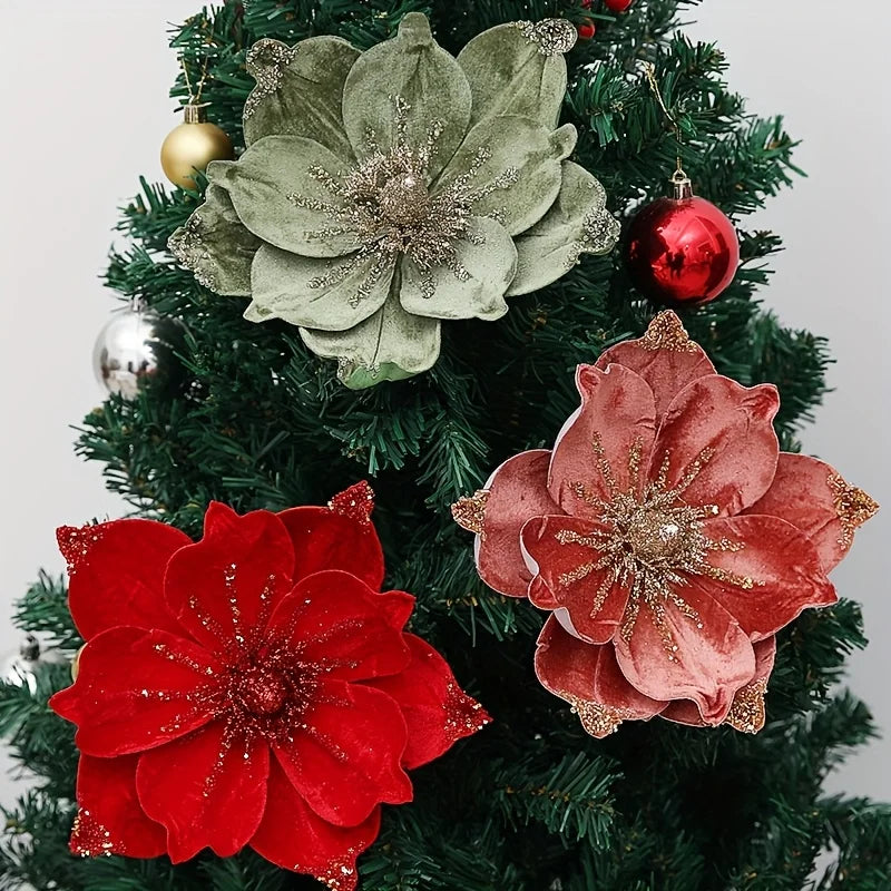 Artificial Glittery Poinsettia & Magnolia Stems | Xmas Décor Artificial Flower Stems Richie's