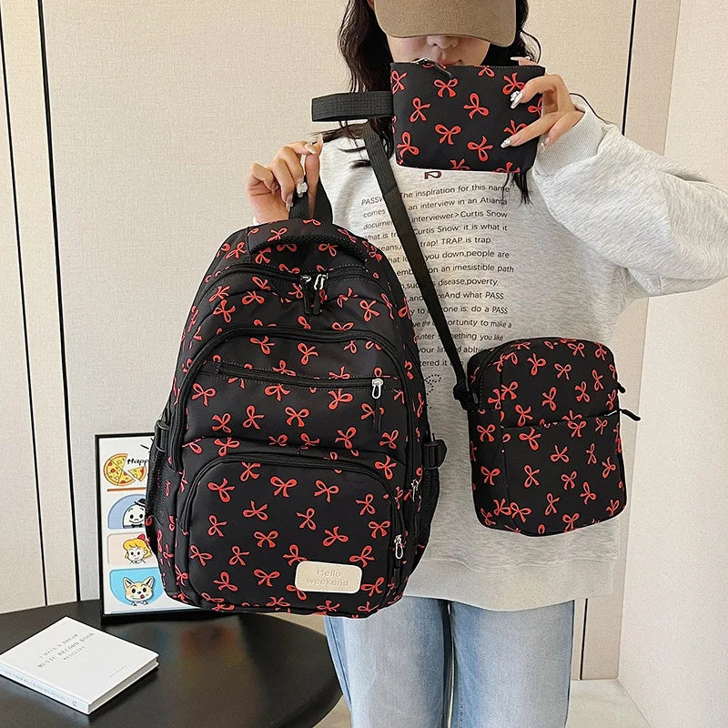 3-Piece Bow Backpack Set – Large Capacity Nylon School Bag Backpack Set Richie's black red