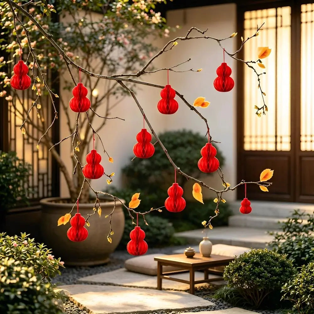 10Pcs Red Paper Lantern Ornaments – Gourd & Round Hanging Decor Hanging Paper Ornaments Richie's