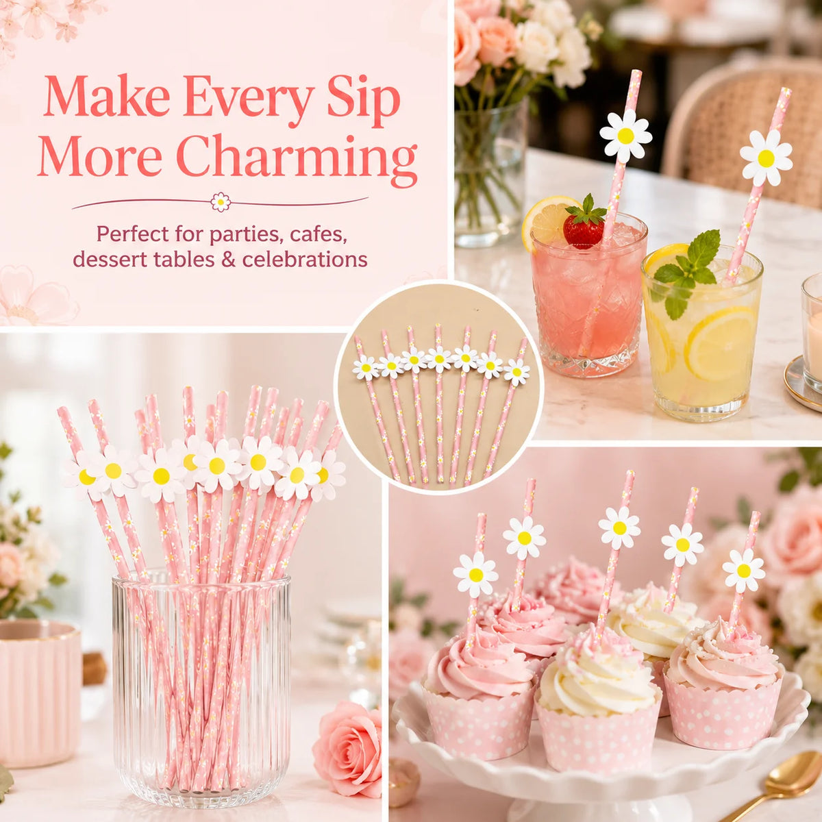 10 Pink Chrysanthemum Paper Straws – Decorative Disposable Decorative Paper Straws Richie's