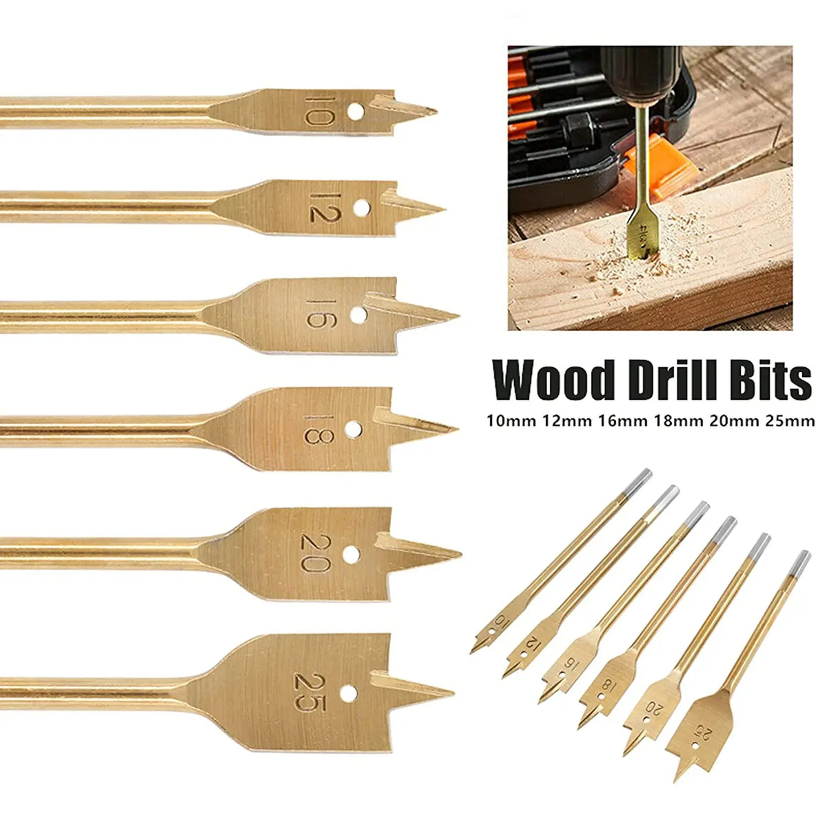 6-Piece Titanium Spade Drill Bit Set 10–25mm Woodworking Spade Drill Bit Set Richie's