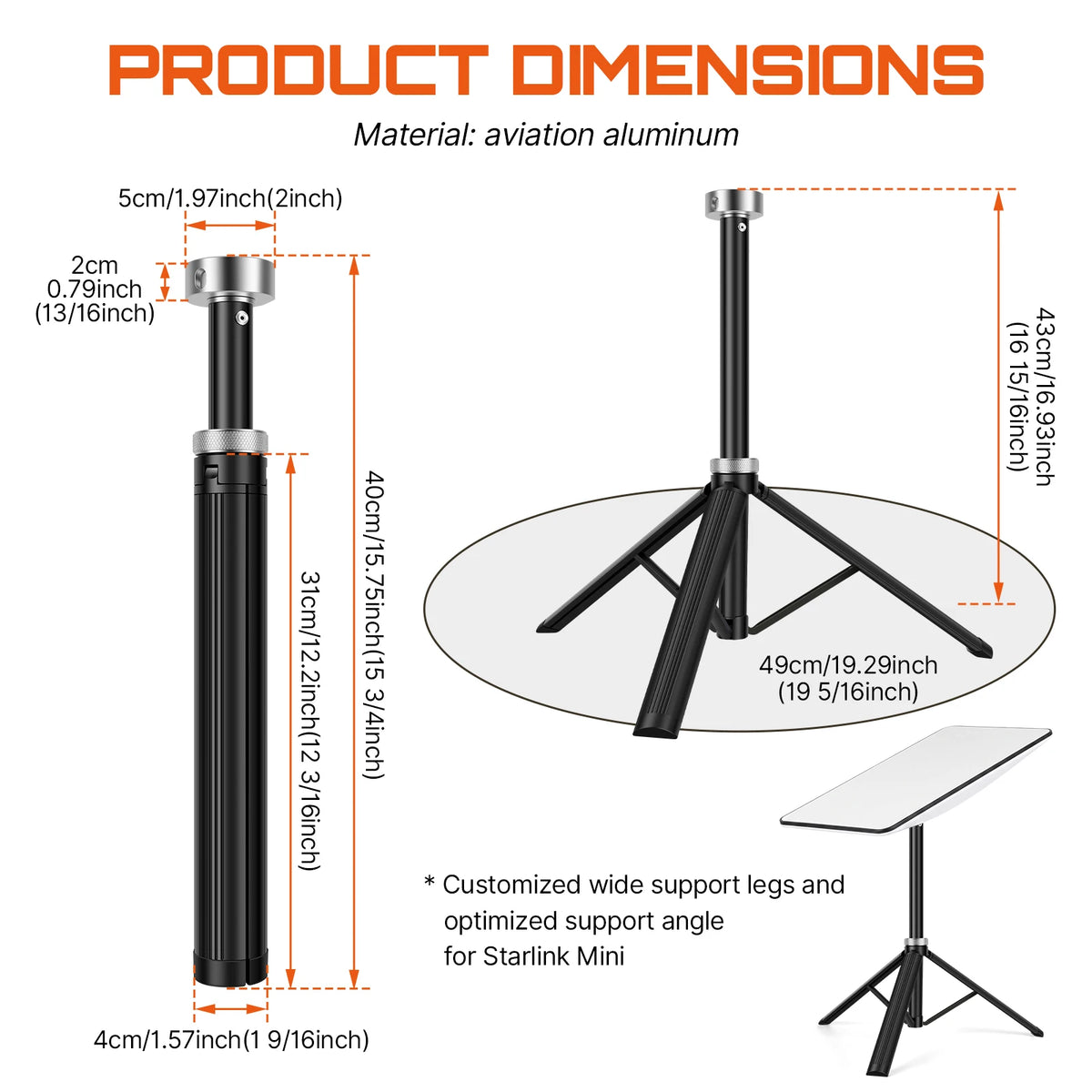 Starlink Mini Tripod Mount – Foldable Aluminum Bracket for Camping Satellite Dish Mount Richie's Adjustable 17inch 1pc