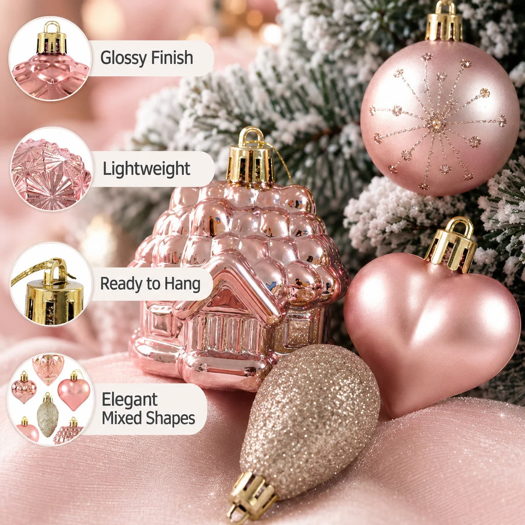 40-Piece Pink & Gold Shatterproof Christmas Ornaments Set Christmas Ornament Set Richie's