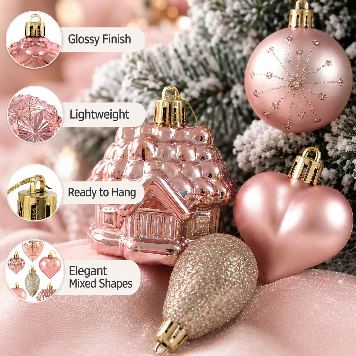 40-Piece Pink & Gold Shatterproof Christmas Ornaments Set Christmas Ornament Set Richie's