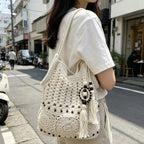 Women's Cotton Woven Shoulder Tote Bag – Wooden Bead Tassel Woven Shoulder Tote Richie's