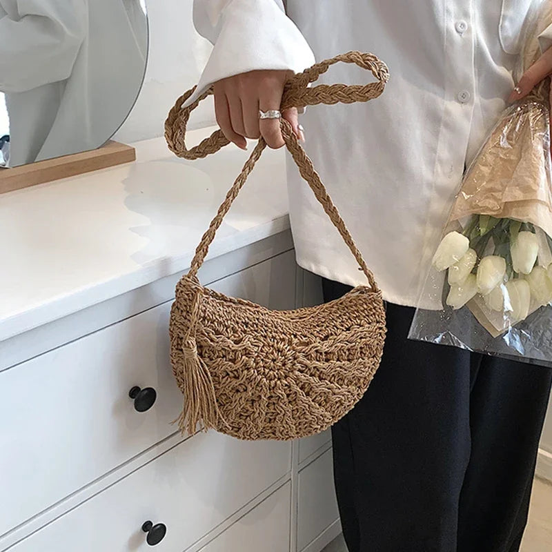 Handmade Straw Woven Semicircle Crossbody Bag | Boho Beach Bag Woven Crossbody Bag Richie's