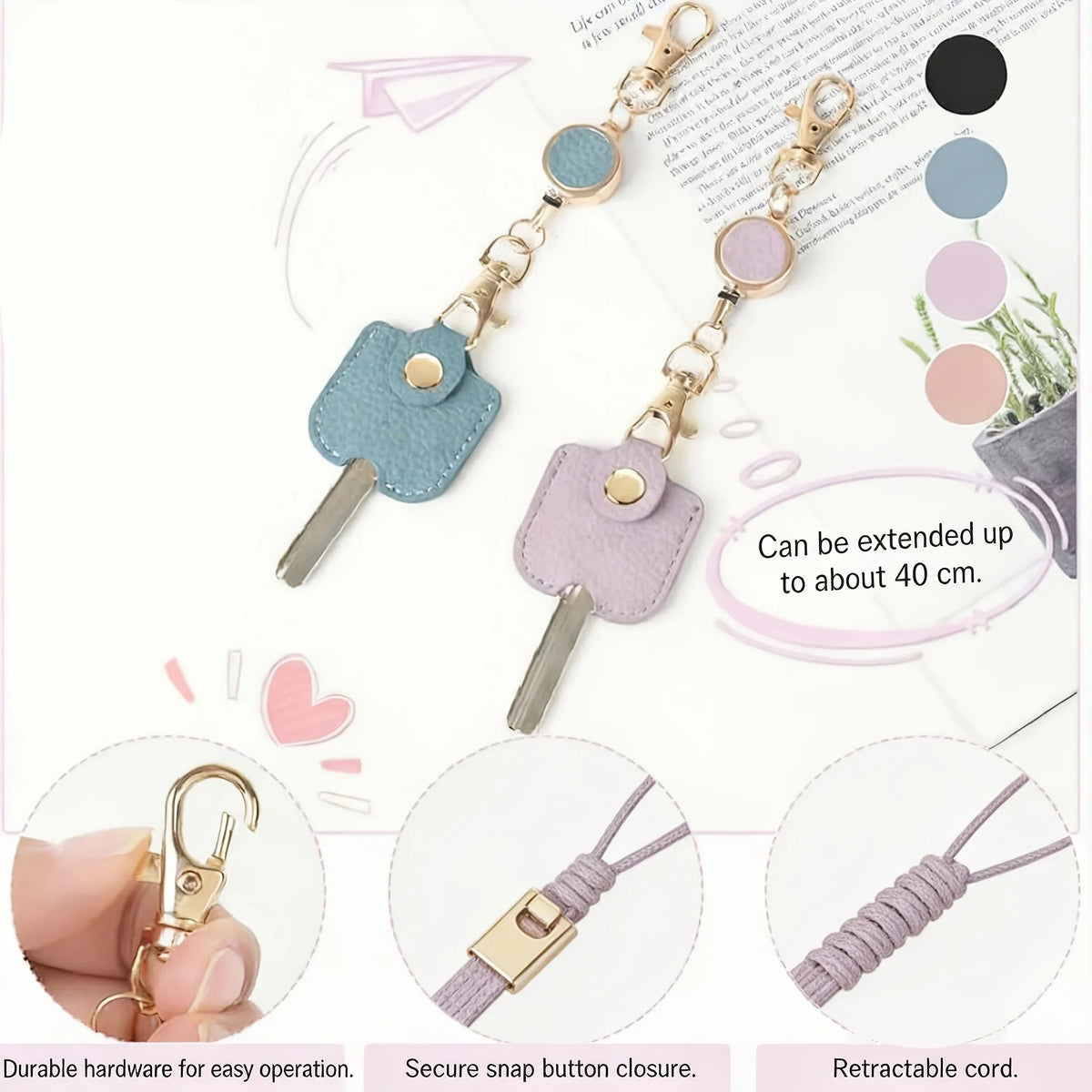 Retractable Faux Leather Keychain for Women | Gold Clasp Retractable Keychain Richie's