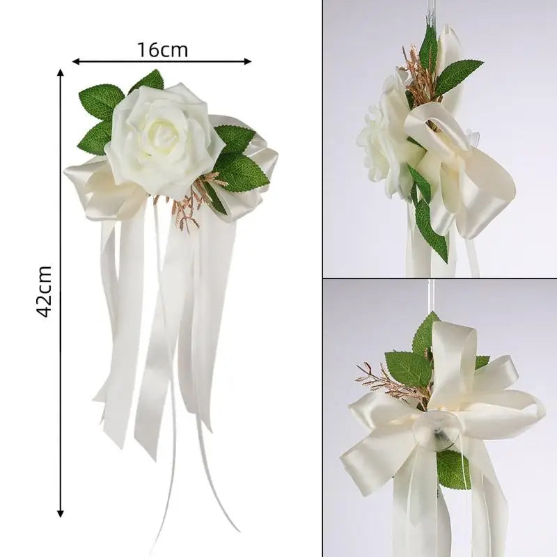 Retro Flower Bow Wedding Car Mirror & Door Handle Decor Wedding Car Decoration Richie's Beige