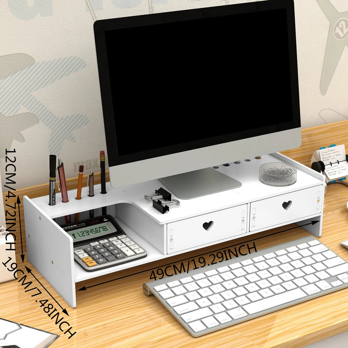 White Monitor Stand Riser with Drawers & Heart Design Monitor Stand Riser Richie's