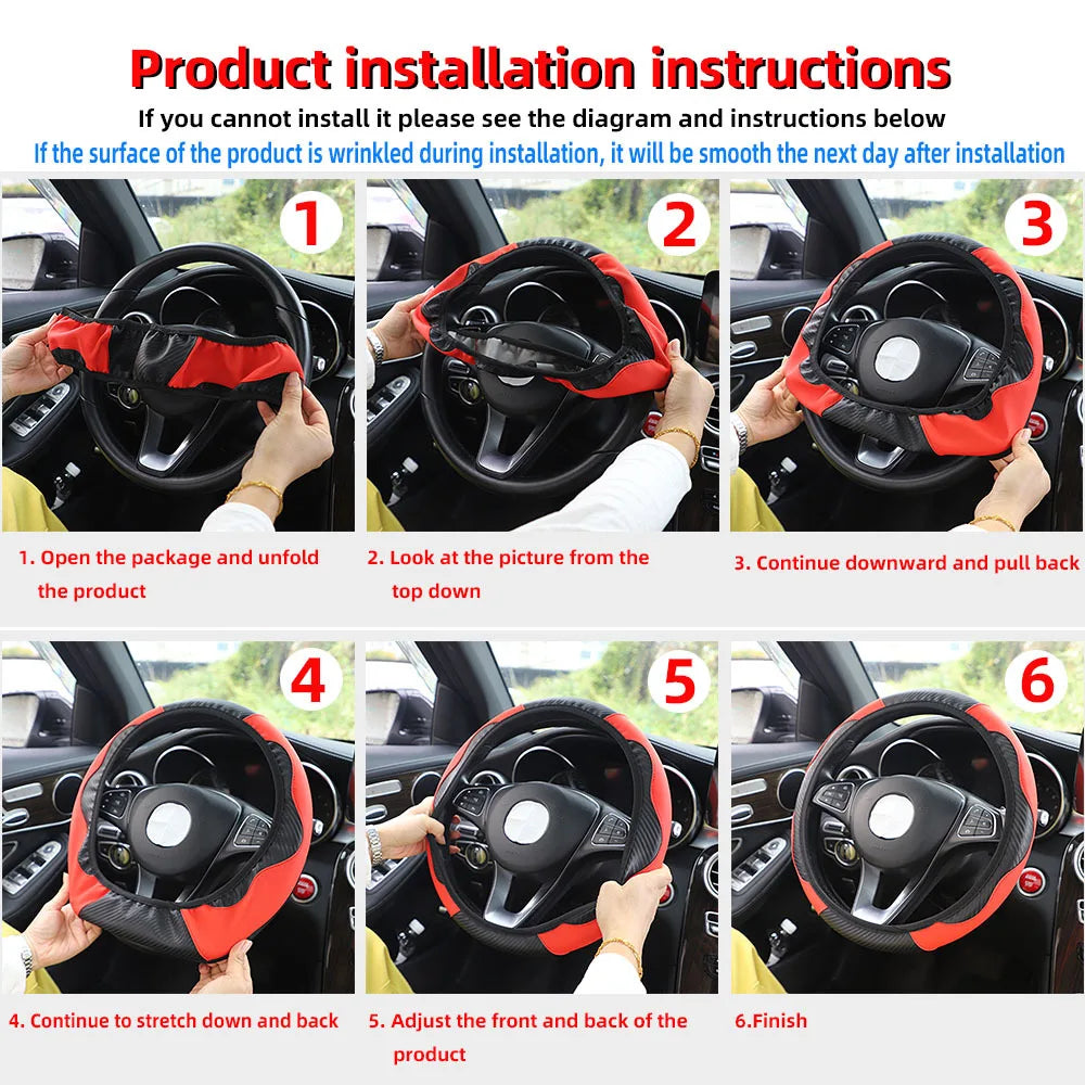PU Carbon Fiber Leather Car Steering Wheel Cover 14.5–15" Steering Wheel Cover Richie's