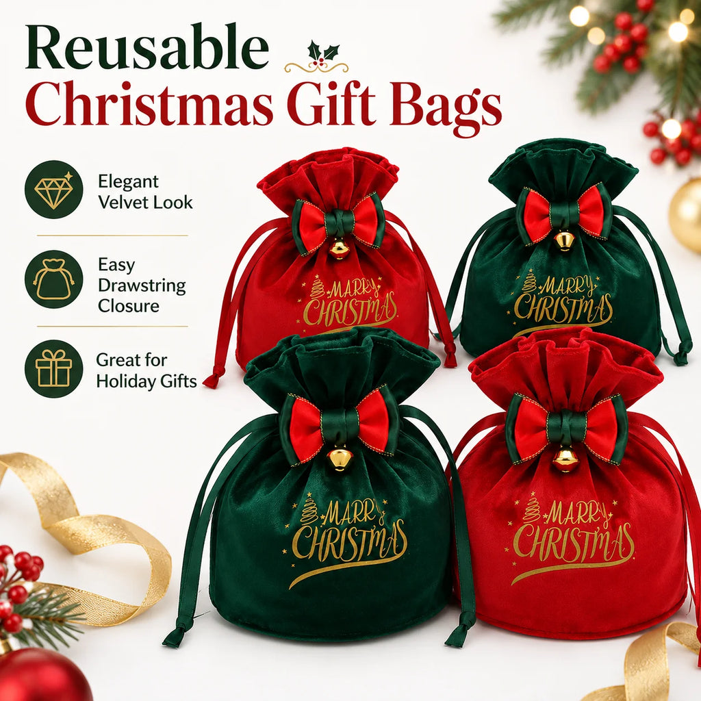 Velvet Christmas Gift Bag with Bow Bell & Drawstring Christmas Gift Bag Richie's