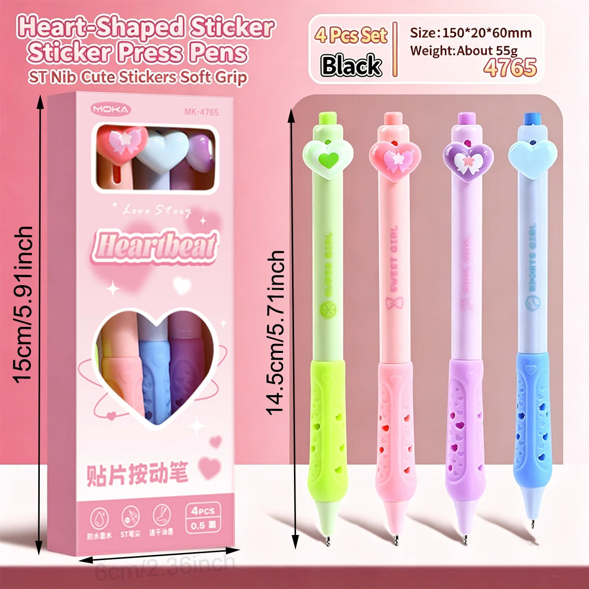 Kawaii Heart Gel Pens 4 Pack – Pastel Black Ink, Retractable Gel Pen Set Richie's