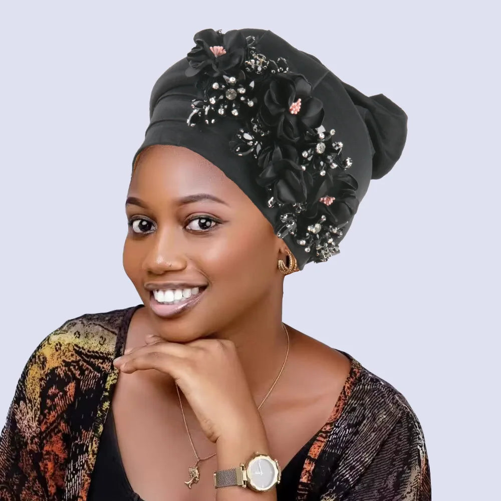 Women's Crinkle Headwrap African Headtie Rhinestone Flower Cap Fashion Headwrap Richie's Black