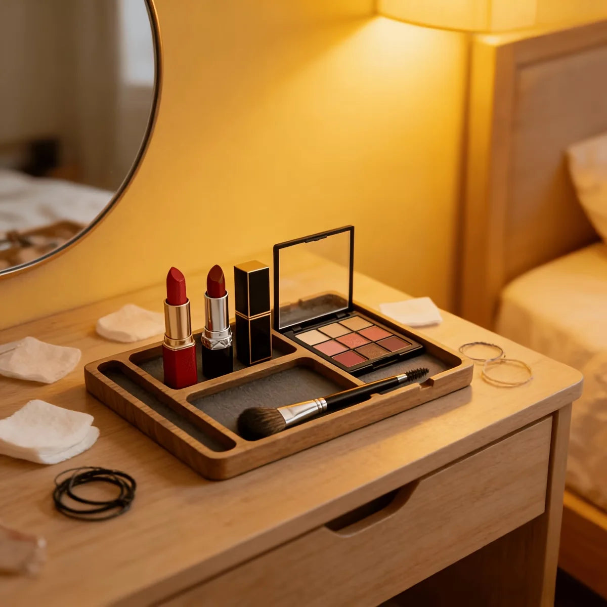 Wooden Tray with Leather Lining & Partitions | Desk Organizer Wooden Organizer Tray Richie's