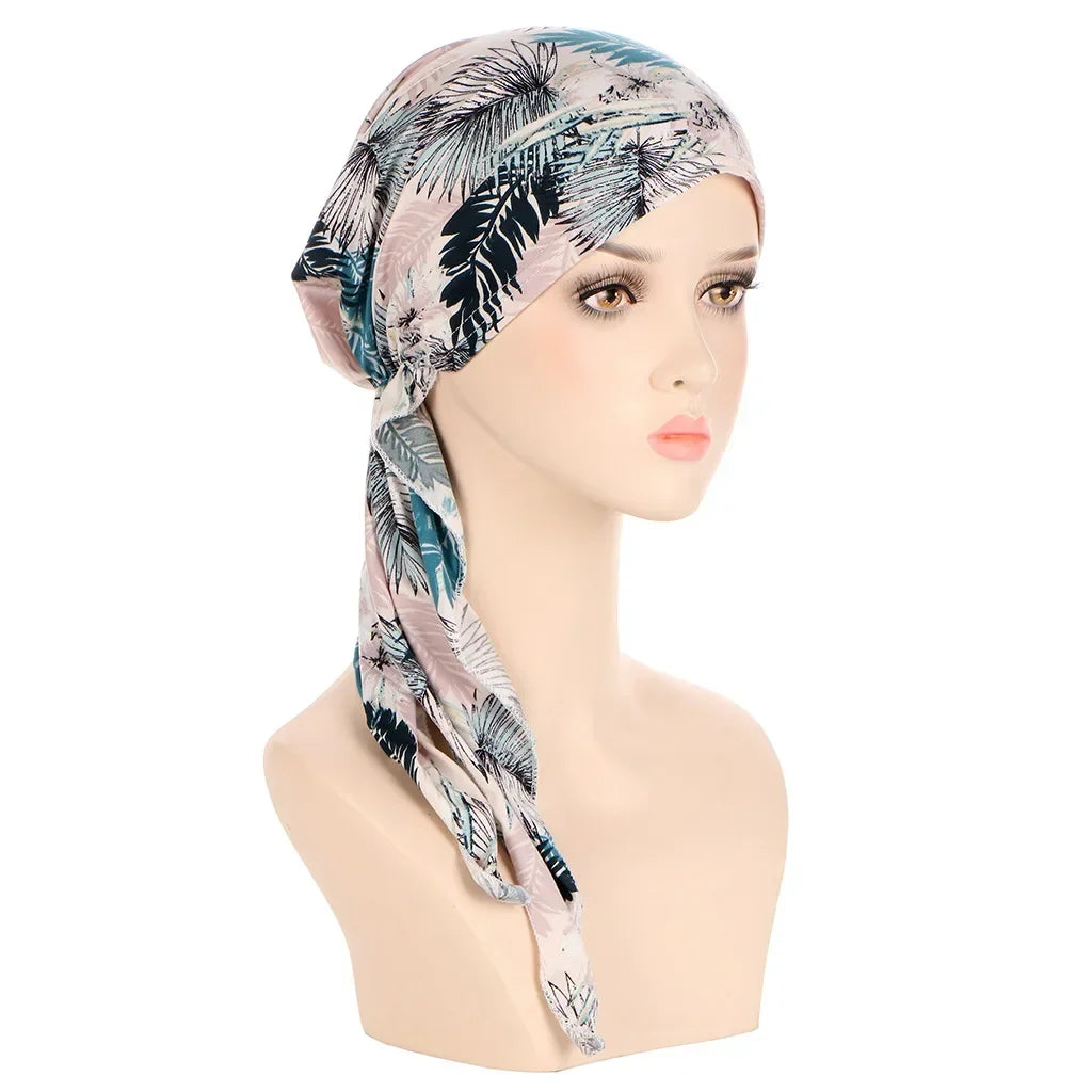 Women's Floral Turban Hijab Stretch Pre-Tied Head Wrap Cap Turban Head Wrap Richie's flower white