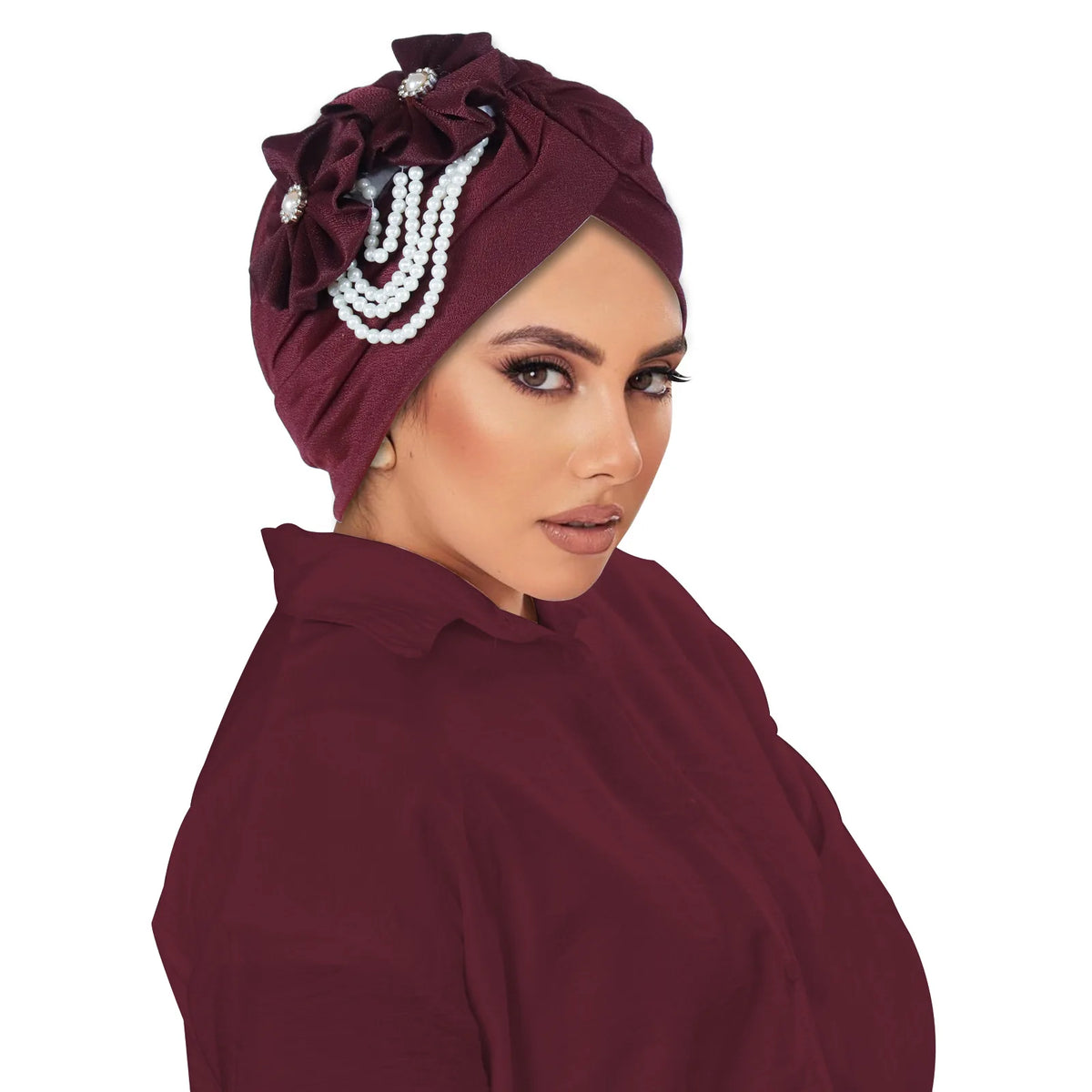 Pearl Beaded Turban Cap Women – Floral Chiffon Head Wrap Turban Head Wrap Richie's Burgundy