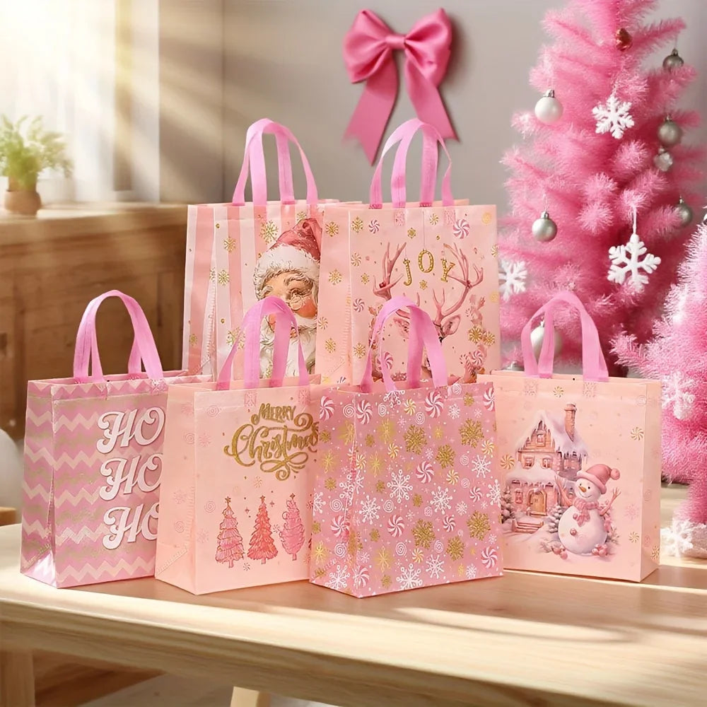 Pink Christmas Party Favor Bags with Handles | Xmas Treat Bags Christmas Favor Bags Richie's