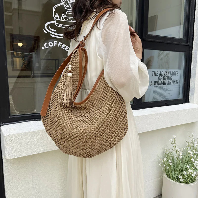 Rattan Woven Women Shoulder Bag Large Beach Tote Straw Purse Woven Shoulder Bag Richie's