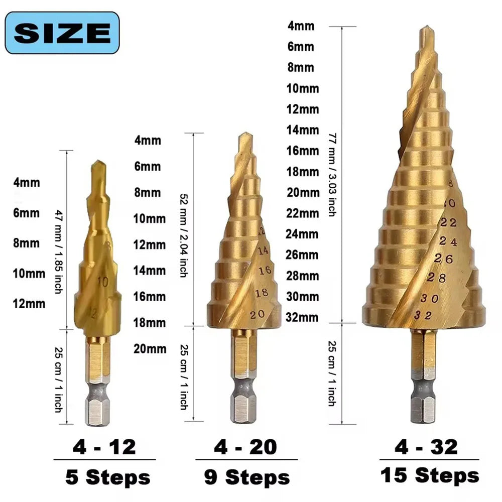 HSS Titanium Step Drill Bit Set 4-12 4-20 4-32mm – 3 Pcs Step Drill Bit Set Richie's 3PCS set