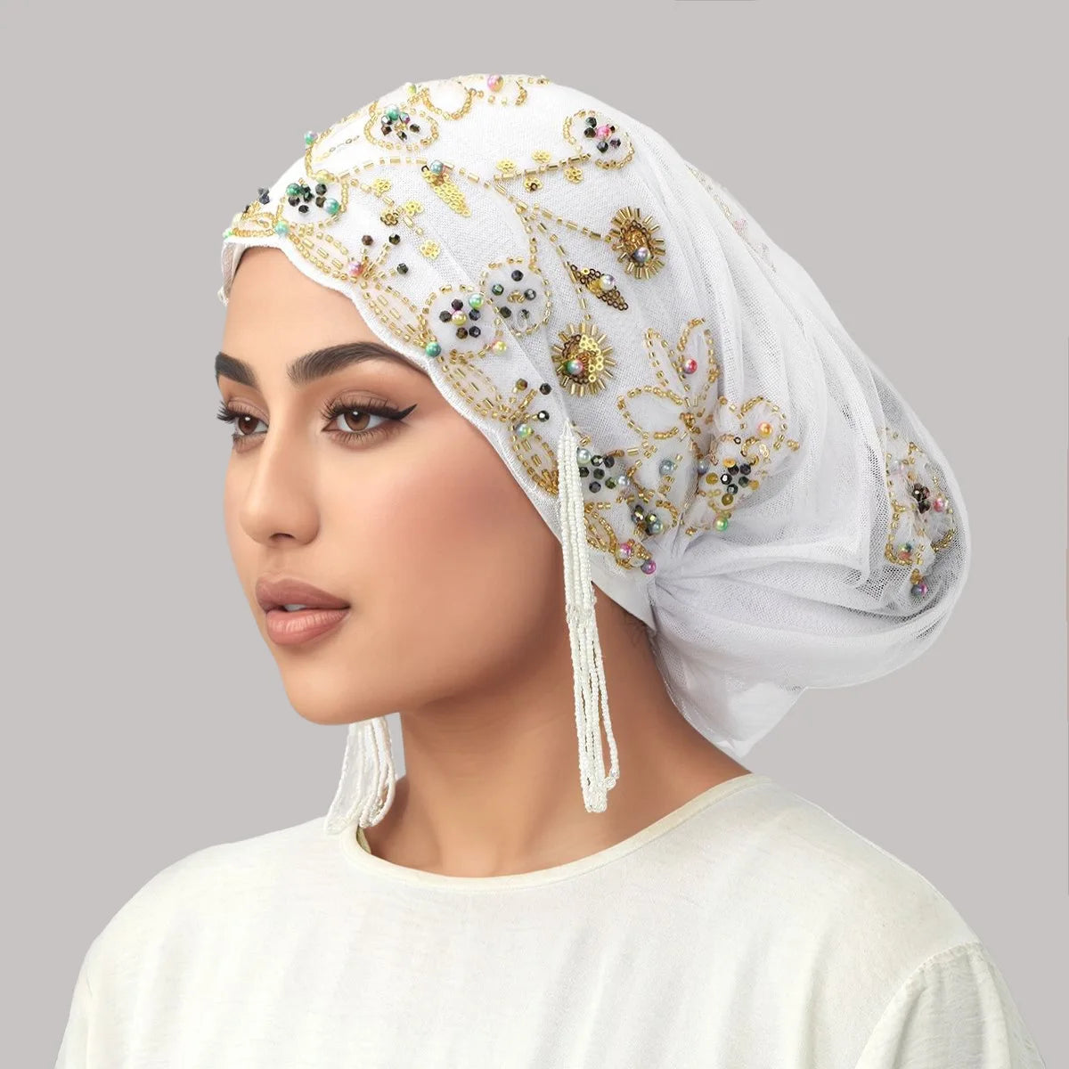Muslim Pearl Lace Inner Cap – Elastic Islamic Headwear for Women Islamic Inner Cap Richie's MSL214-2 white