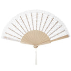 Vintage Chinese Folding Fan Lace Flower Tassel Pendant Wood Folding Hand Fan Richie's White