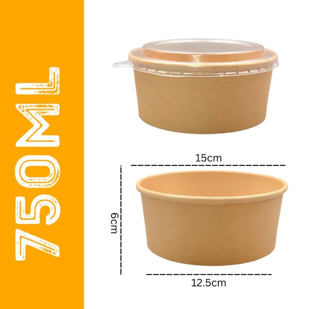 50-Pack Kraft Paper Salad Bowls 500/750ml with Lids – Leak-Proof Disposable Paper Bowl Richie's 750ml