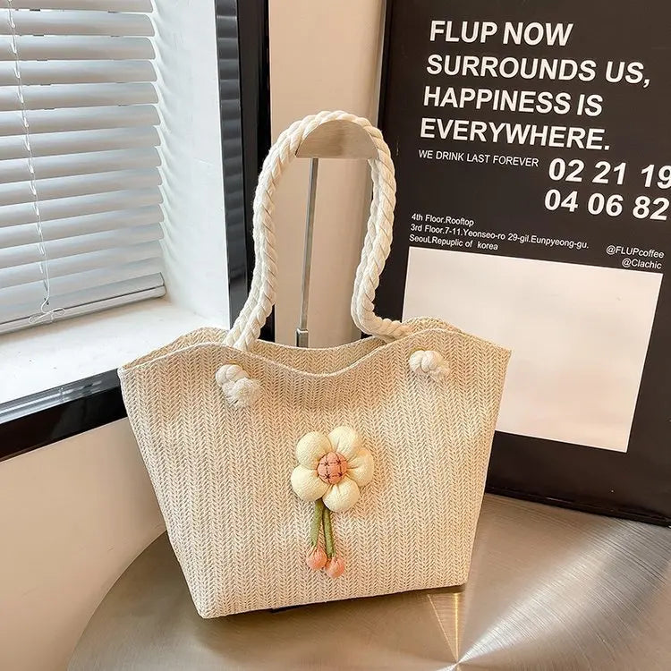 Women's Straw Woven Shoulder Bag – Flower Embroidery Beach Tote Straw Shoulder Bag Richie's White